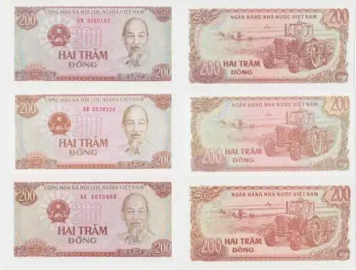 3 x 200 Dong Banknote Vietnam 1987 Pick 100 UNC (152910)