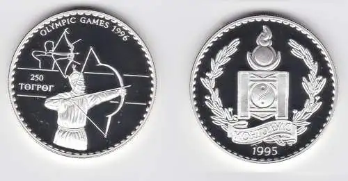 250 Tukhrik Silber Münze Mongolei Olympiade 1996 Atlanta Bogenschütze (155206)