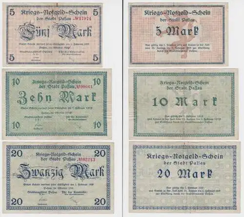 5,10 und 20 Mark Banknoten Kriegsgeld Stadt Passau Oktober 1918 (130239)