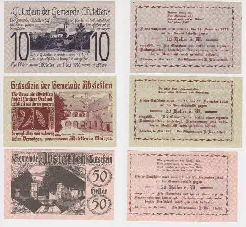 10, 20 und 50 Heller Banknoten Notgeld Gemeinde Abstetten 1920 (155464)