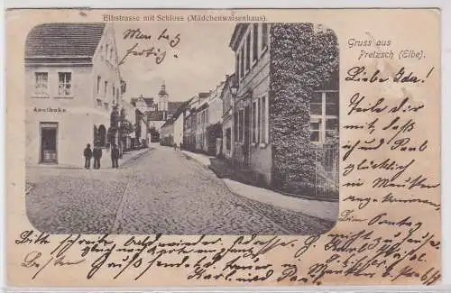08826 Ak Gruß aus Pretzsch (Elbe) Elbstraße mit Schloss Mädchenwaisenhaus 1907
