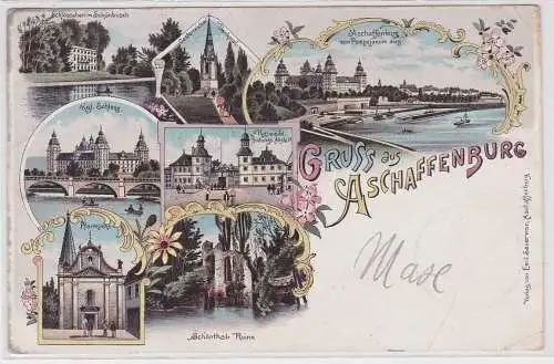 74565 Lithografie AK Gruss aus Aschaffenburg - Schloss, Pfarrkirche, Ruine 1897