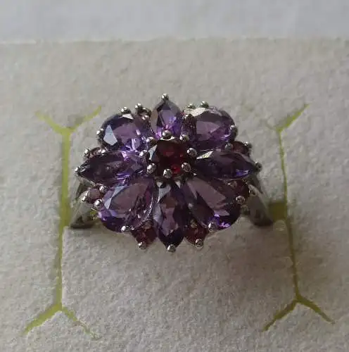 hochwertiger 925er Sterling Silber Ring Blüte mit lila Edelsteinen (114692)