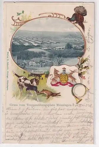 10264 geprägte Ak Gruss vom Truppenübungsplatz Münsingen 1901 mit Wappen