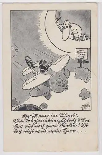 38501 Humor Ak Flieger fragt Mann im Mond nach Truppenübungsplatz um 1935