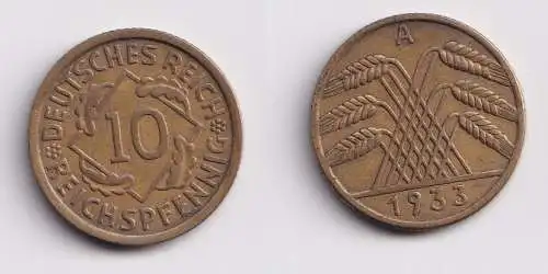 10 Reichspfennig Messing Münze Deutsches Reich 1933 A, Jäger 317 (159526)