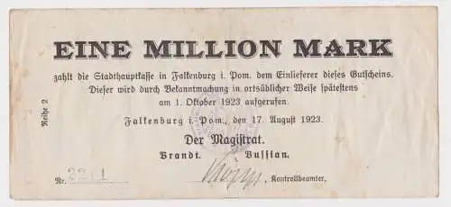 1 Million Mark Banknote Stadt Falkenburg Złocieniec in Pommern 17.8.1923(164283)