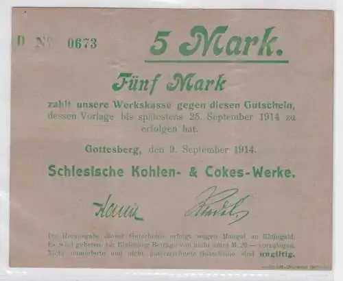 5 Mark Banknote Gotteberg in Schlesien Kohlenwerke 09.09.1914 (164290)