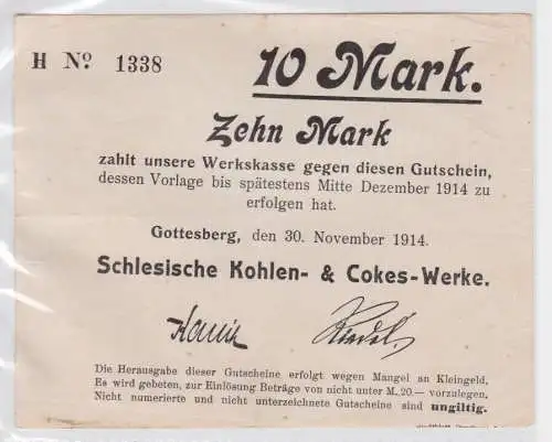 10 Mark Banknote Gotteberg in Schlesien Kohlenwerke 30.11.1914 (164019)