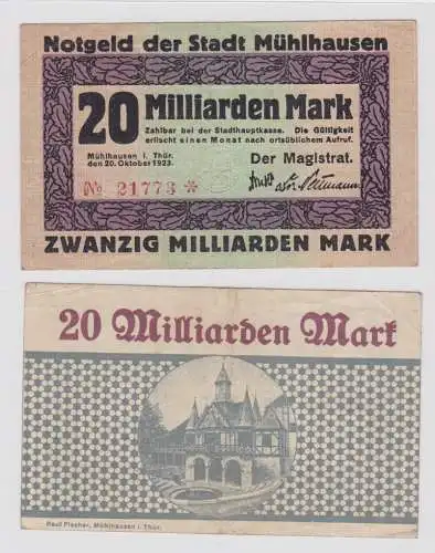 20 Milliarden Mark Banknote Inflation Stadt Mühlhausen 20.10.1923 (148899)