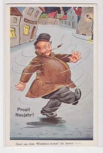 64727 Prosit Neujahr Humor Ak Grad aus dem Wirtshaus komm´ ich heraus... um 1940