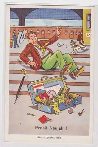900260 Prosit Neujahr Humor Ak Bahnhof "Gut angekommen" um 1940
