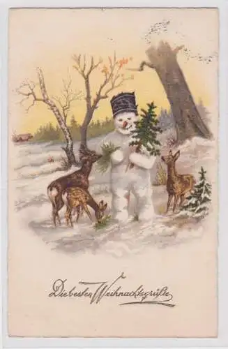 904871 Die besten Weihnachtsgrüße Ak Schneemann füttert 3 Rehe 1927