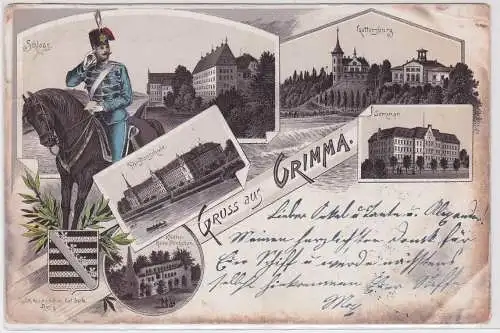903118 Ak Lithographie Gruß aus Grimma Husar zu Pferde und Stadtansichten 1898 