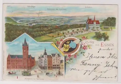 89819 Lithographie Ak Gruss aus Essen - Markt, Panorama des Ruhrthals, Ruhrstein