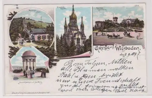 78701 Lithographie Ak Gruss aus Wiesbaden, Nerobergbahn, Griechische Kapelle usw