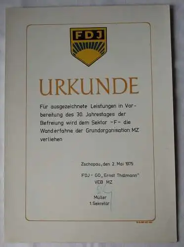 DDR Urkunde Verleihung Wanderfahne Grundorganisation MZ Zschopau 1975  (148096)
