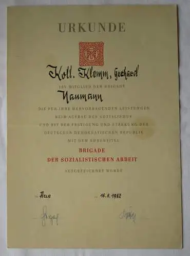 DDR Urkunde Brigade der sozialistischen Arbeit Brigade Naumann Aue 1962 (143360)
