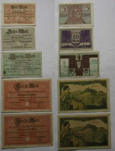 5 Banknoten 5 bis 50 Mark Kriegsnotscheine Residenzstadt Eisenach 1918 (141030)