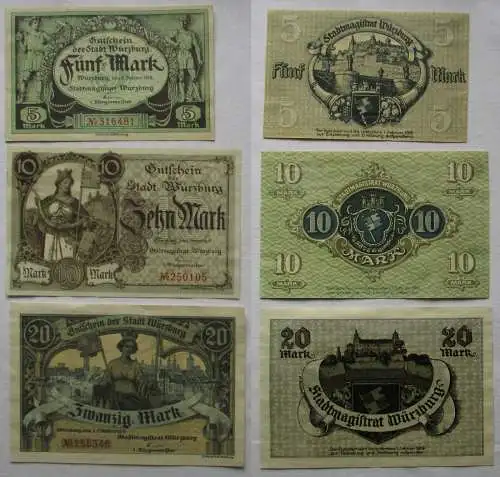 5, 10 und 20 Mark Banknote Stadt Würzburg 08.10.1918 (146474)