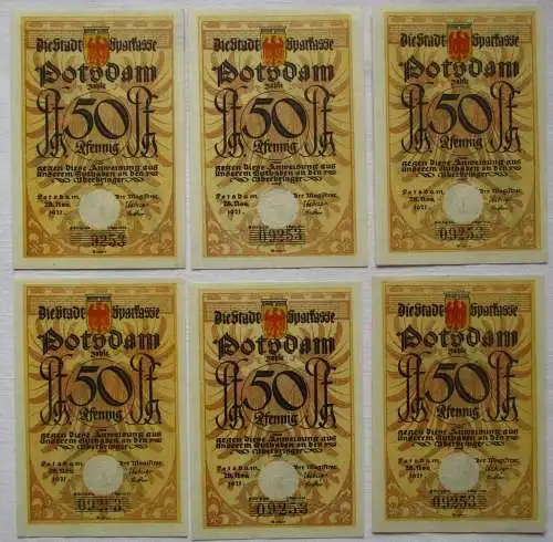 6 x 50 Pfennig Banknoten Notgeld Stadtsparkasse Potsdam 1921 (152502)