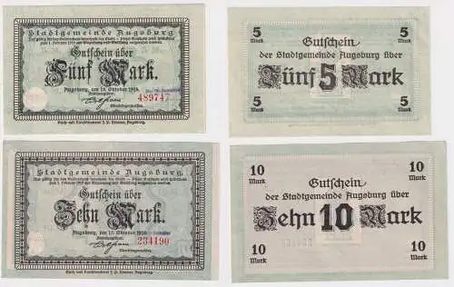 5, 10 Mark Banknoten Großnotgeld Stadt Augsburg 15.10.1918 (143358)