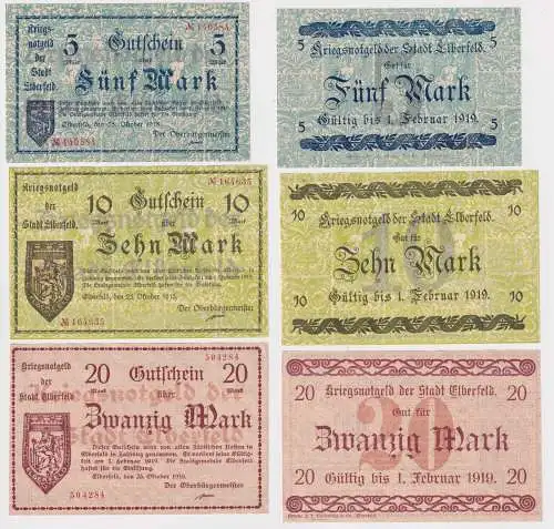 5, 10 und 20 Mark Banknoten Notgeld Stadt Elberfeld 1918 (145440)