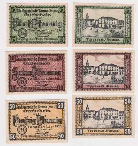 3 Banknoten Notgeld Gemeinde Tanna Reuß 5, 10 & 50 Pfennig 1920 (132670)
