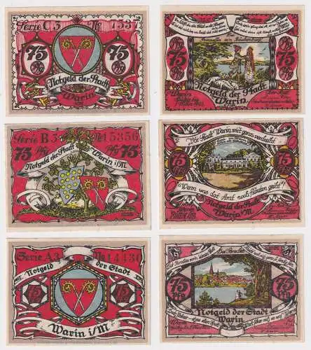 3 x 75 Pfennig Banknoten Notgeld Stadt Warin ohne Datum (1921) (135457)