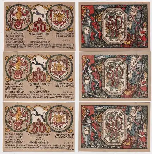 3x 50 Pfennig Banknoten Notgeld Stadt Tettnang am Bodensee 1918 (157741)