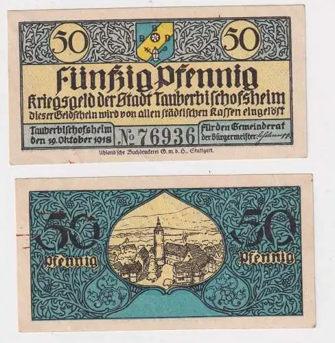 50 Pfennig Banknoten Notgeld Stadt Tauberbischofsheim 1918 (147272)