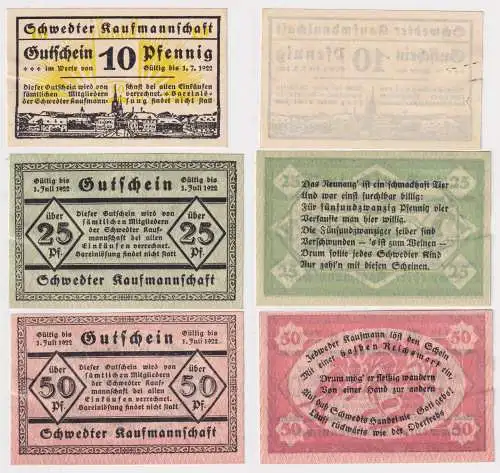 10, 25 & 50 Pfennig Banknoten Notgeld Schwedter Kaufmannschaft 1922 (141651)