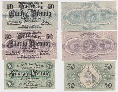 3 x 50 Pfennig Banknoten Notgeld Stadtgemeinde Lahr i.B. 1917/1920 (168456)