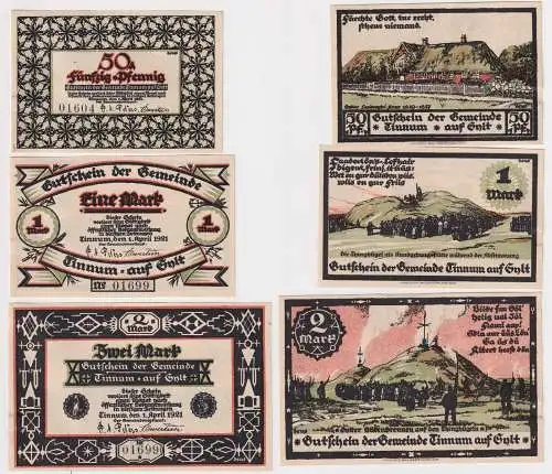 50 Pfennig 1 & 2 Mark Banknoten Notgeld Tinnum auf Sylt 1920 (141595)