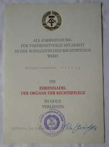DDR Urkunde Ehrennadel der Organe der Rechtspflege in Bronze 1986 (141759)