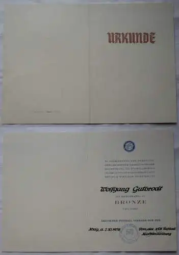 DDR Urkunde Deutscher Fußball-Verband Ehrennadel Bronze DFV 1978 (143020)
