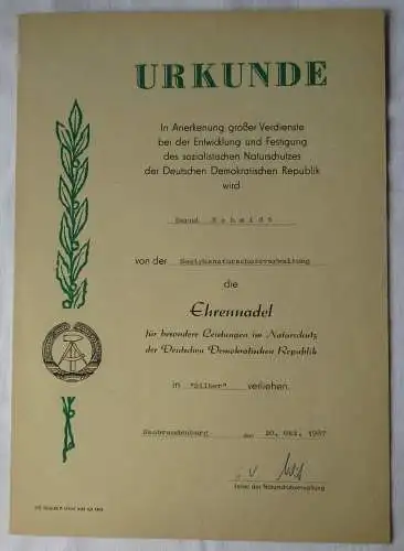 DDR Urkunde Ehrennadel für bes. Leistungen im Naturschutz Silber 1987 (146515)
