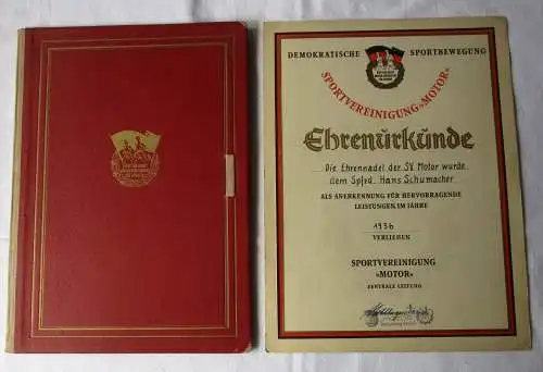 DDR Urkunde Ehrennadel der Sportvereinigung SV Motor Rostock 1956 (164868)
