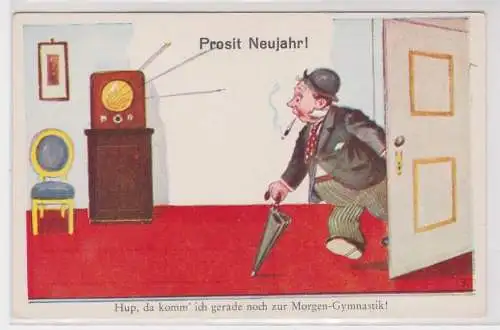 905098 Prosit Neujahr Humor Ak "... gerade noch zur Morgen Gymnastik" um 1940