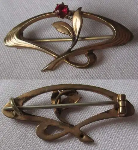 vergoldete Jugendstil Brosche Blume mit rotem Stein um 1930 (165288)