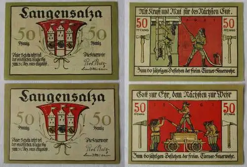 2x 50 Pfennig Banknoten Notgeld Stadt Langensalza 1921 Feuerwehr Serie (122667)