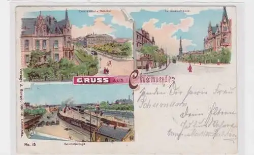 905981 Lithographie Ak Gruss aus Chemnitz - Carola-Hotel, Carolinenstr, Bahnhof
