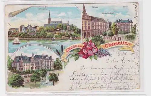 905980 Lithographie Ak Gruss aus Chemnitz - Schloßteich, Rathaus, Börse usw 1900