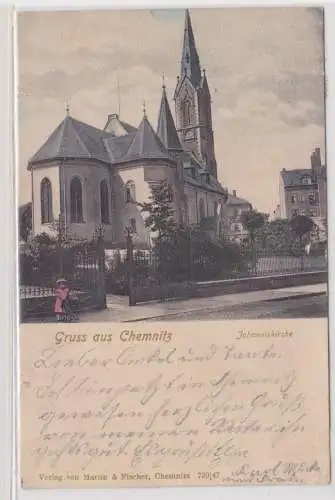 19731 Ak Gruss aus Chemnitz - Johanniskirche, Straßenansicht 1903