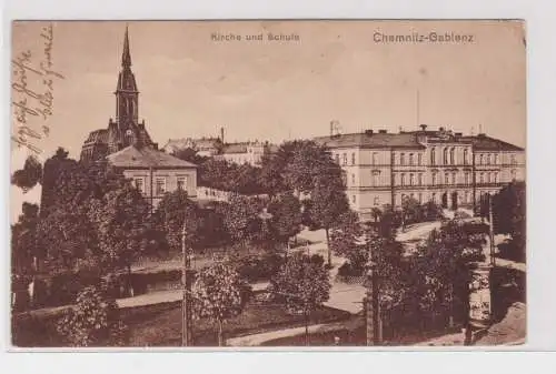 904820 Ak Chemnitz-Gablenz - Kirche und Schule, Parkanlagen 1925