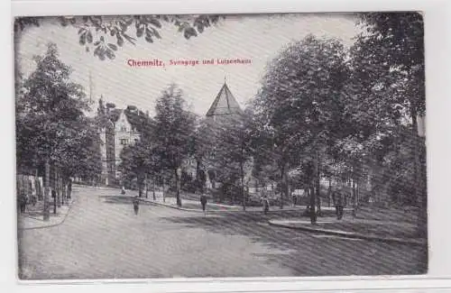 904646 Ak Chemnitz- Synagoge und Luisenhaus, Straßenansicht 1910