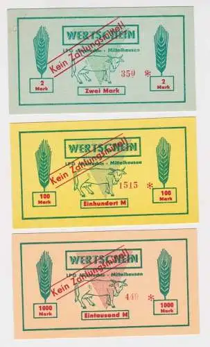 3 Banknoten 2 bis 1000 Mark DDR LPG Geld "Eintracht" Mittelhausen (164534)