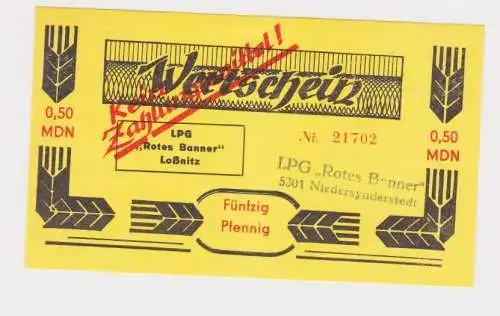 0,50 Mark Wertschein DDR für LPG Geld LPG "Rotes Banner" Loßnitz (165887)