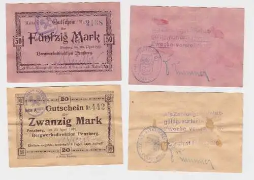 20 und 50 Mark Banknoten Notgeld Bergwerksdirektion Penzberg 25.04.1919 (104447)