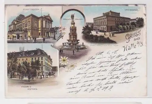 78352 Ak Lithographie Gruß aus Halle Universität, Kriegerdenkmal usw. um 1900